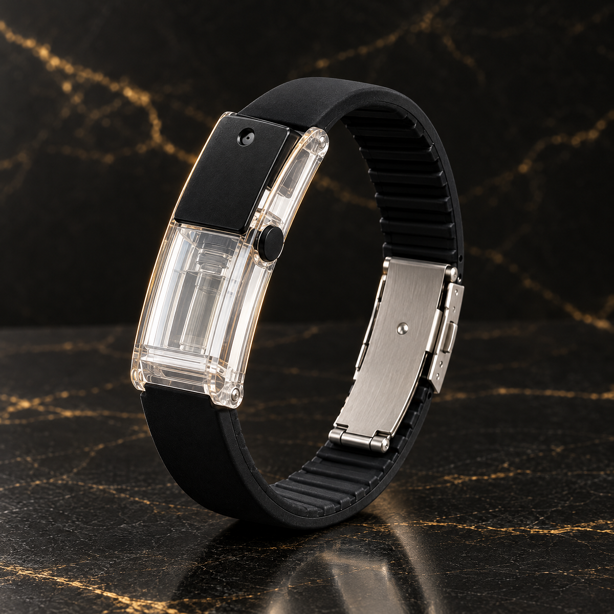 Bracelet porte-parfum Aurae noir, boîtier transparent, sur marbre noir veiné d'or
