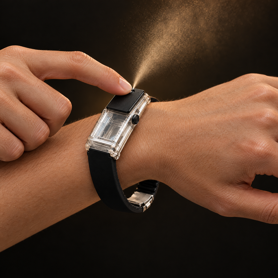 Vaporisation du parfum depuis le bracelet Aurae